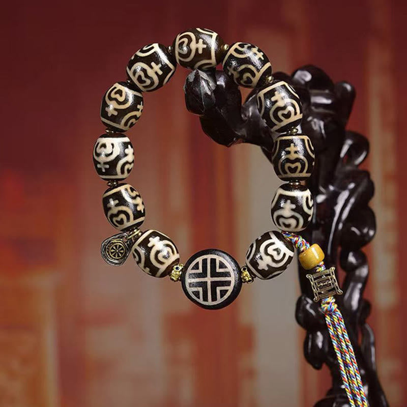 Tibetan Citipati Agate and Copper Ritual Bracelet with Treasure Vase Dzi Bead