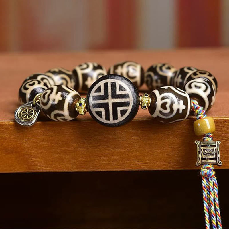 Tibetan Citipati Agate and Copper Ritual Bracelet with Treasure Vase Dzi Bead