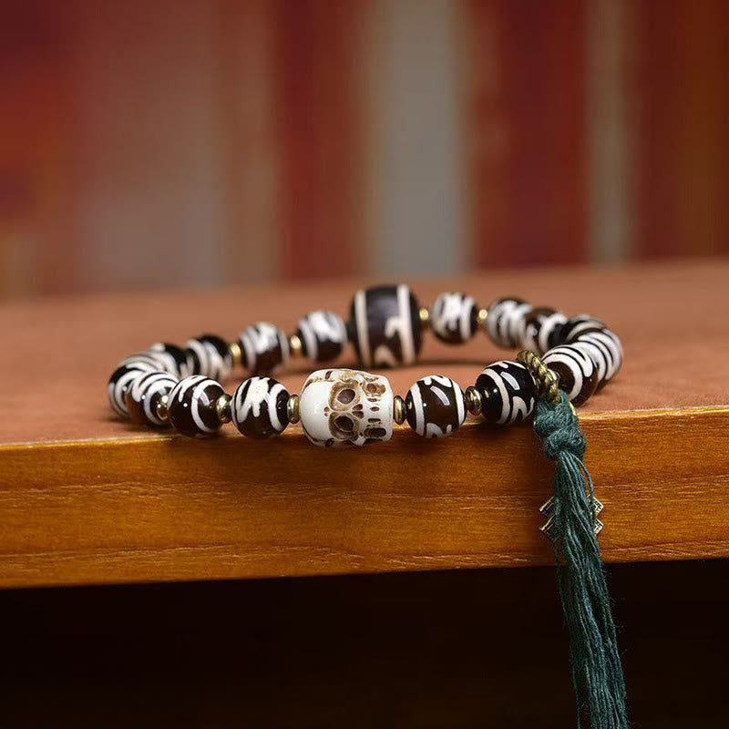 Citipati Skull Dzi Bead Agate & Copper Energy Bracelet