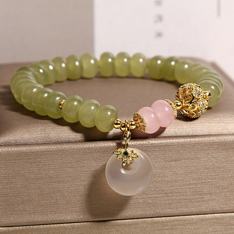 Natural Jade, Rose Quartz and Chalcedony Ping An Kou Peace Buckle Gemstone Bracelet