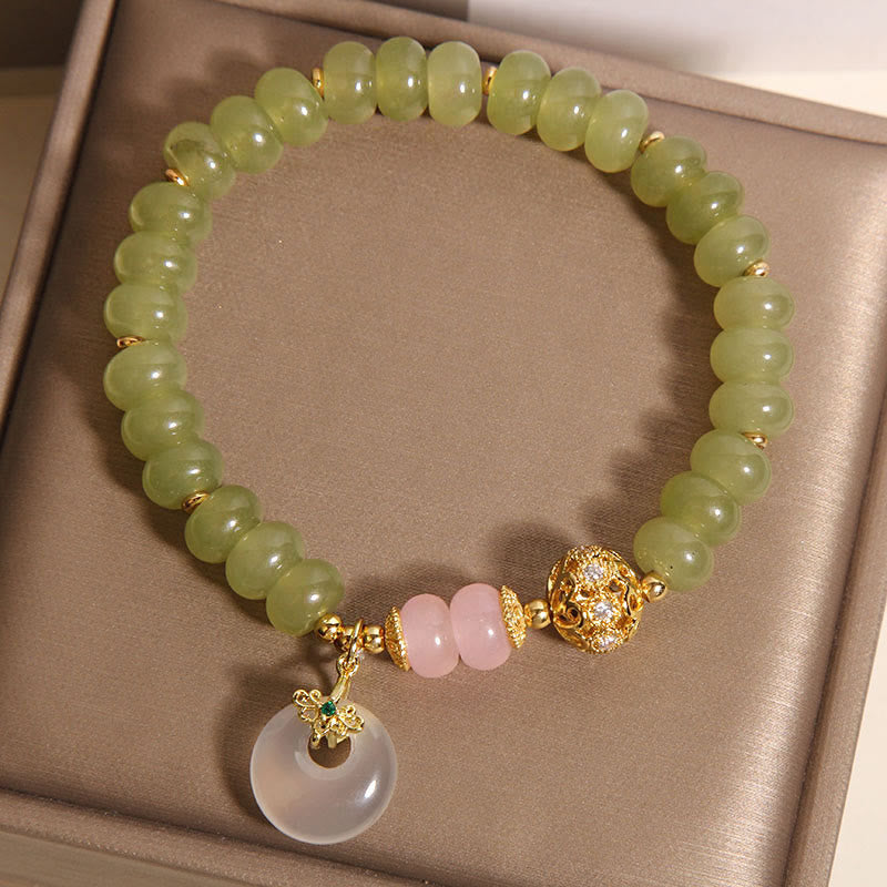 Natural Jade, Rose Quartz and Chalcedony Ping An Kou Peace Buckle Gemstone Bracelet