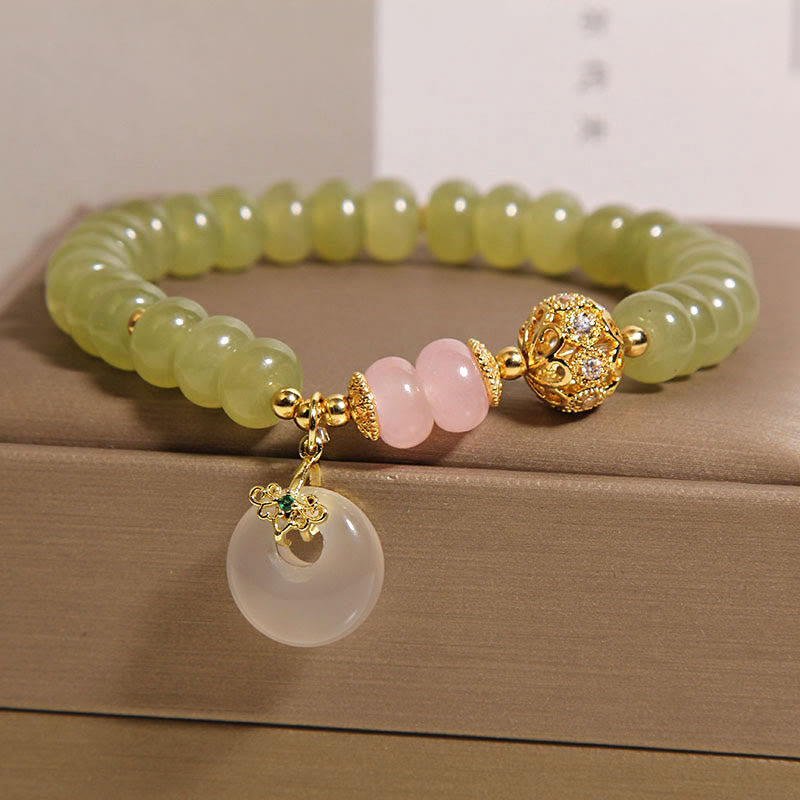 Natural Jade, Rose Quartz and Chalcedony Ping An Kou Peace Buckle Gemstone Bracelet