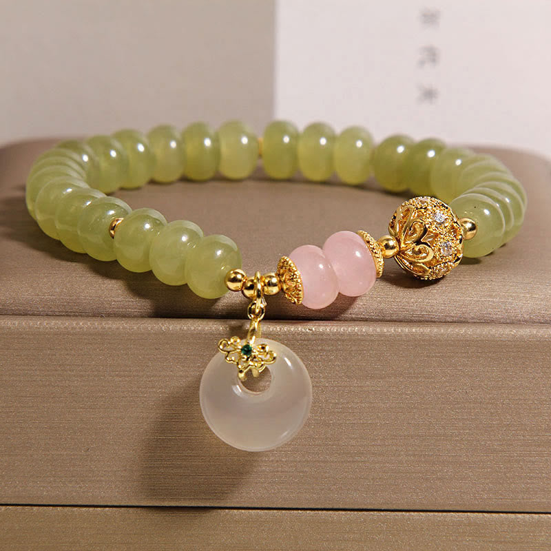 Natural Jade, Rose Quartz and Chalcedony Ping An Kou Peace Buckle Gemstone Bracelet