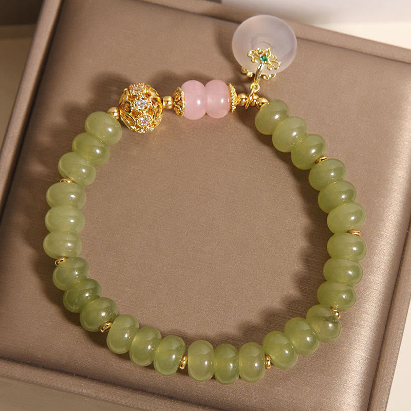 Natural Jade, Rose Quartz and Chalcedony Ping An Kou Peace Buckle Gemstone Bracelet