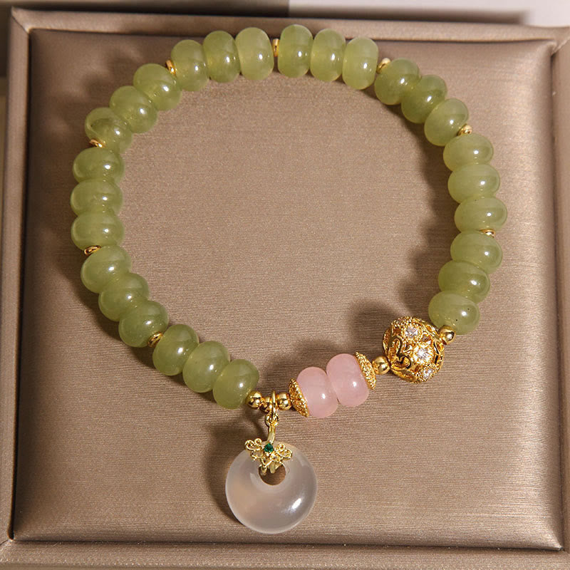 Natural Jade, Rose Quartz and Chalcedony Ping An Kou Peace Buckle Gemstone Bracelet