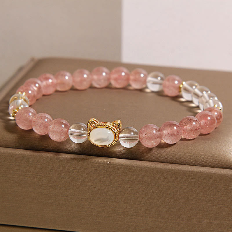 Cat Natural Strawberry Quartz White Crystal Bead Healing Bracelet