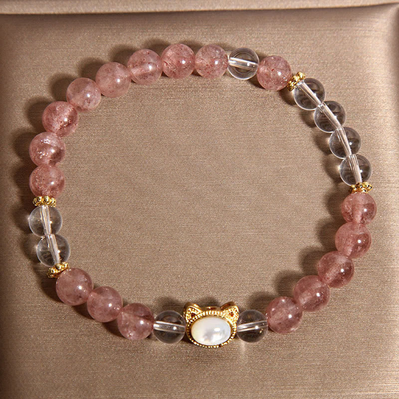 Cat Natural Strawberry Quartz White Crystal Bead Healing Bracelet