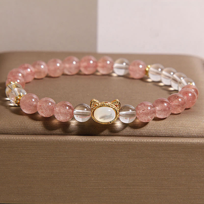 Cat Natural Strawberry Quartz White Crystal Bead Healing Bracelet
