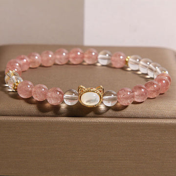 Cat Natural Strawberry Quartz White Crystal Bead Healing Bracelet