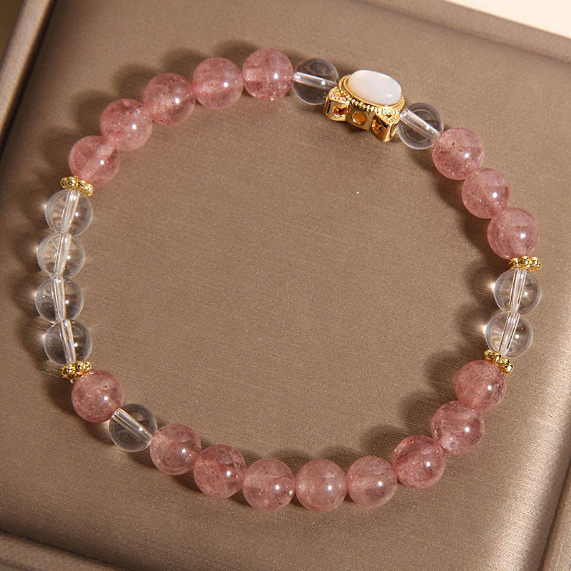 Cat Natural Strawberry Quartz White Crystal Bead Healing Bracelet