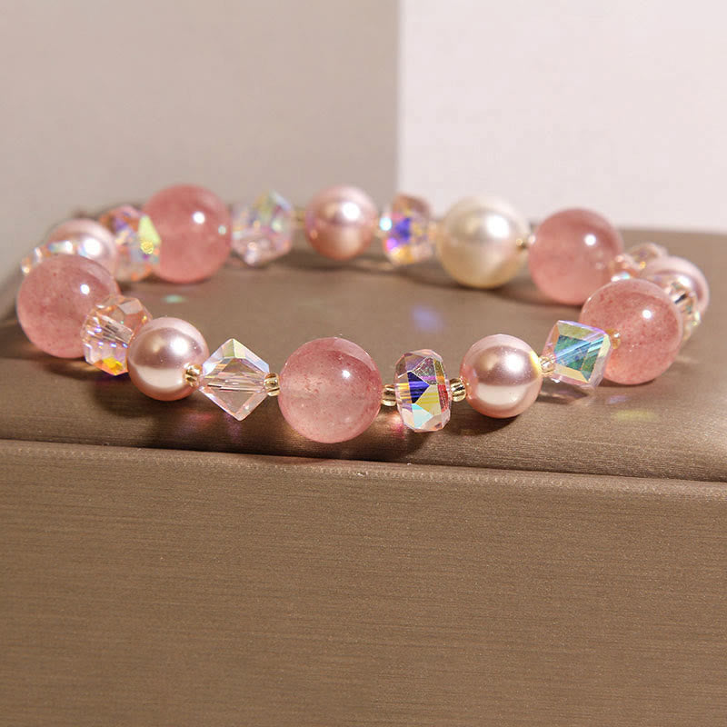 Natural Strawberry Quartz White Crystal Pearl Positive Bracelet