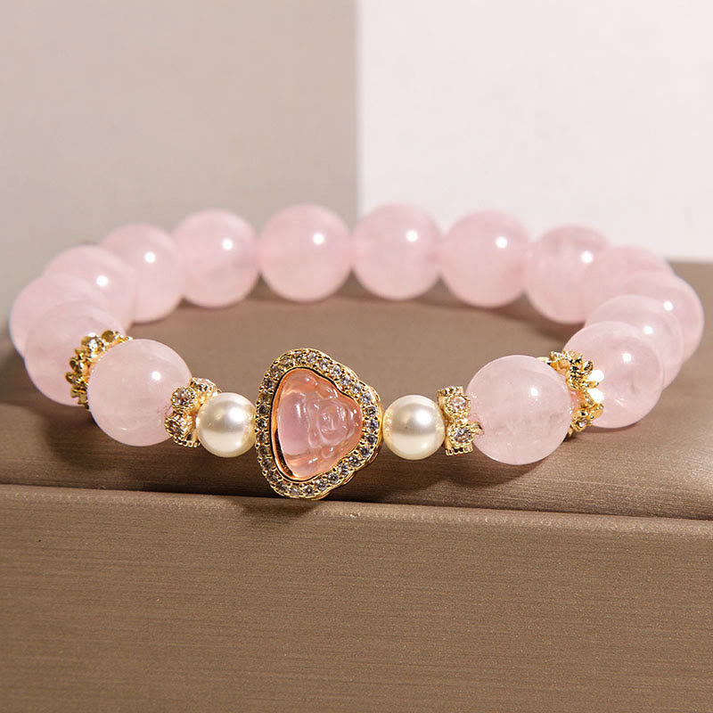 Natural Rose Quartz and Pearl Buddha Symbol Bracelet for Inner Peace