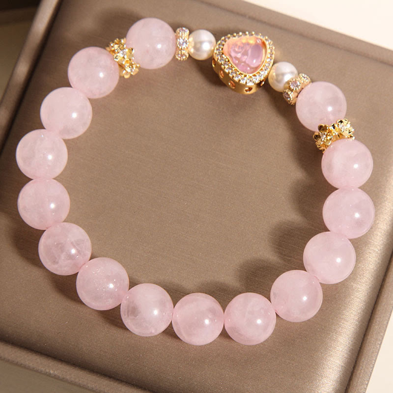 Natural Rose Quartz and Pearl Buddha Symbol Bracelet for Inner Peace