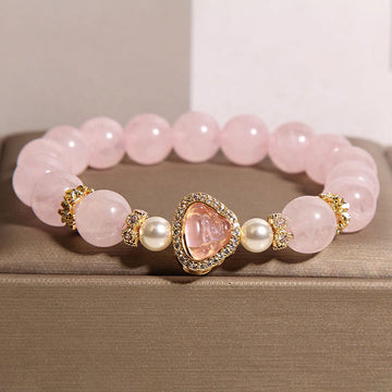 Natural Rose Quartz and Pearl Buddha Symbol Bracelet for Inner Peace