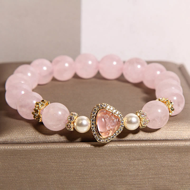Natural Rose Quartz and Pearl Buddha Symbol Bracelet for Inner Peace
