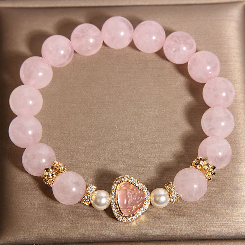 Natural Rose Quartz and Pearl Buddha Symbol Bracelet for Inner Peace