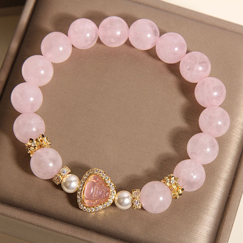 Natural Rose Quartz and Pearl Buddha Symbol Bracelet for Inner Peace