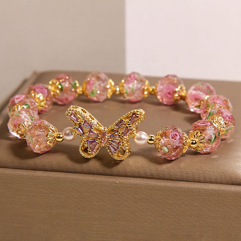 Natural Rose Quartz Butterfly & Rose Design Bracelet