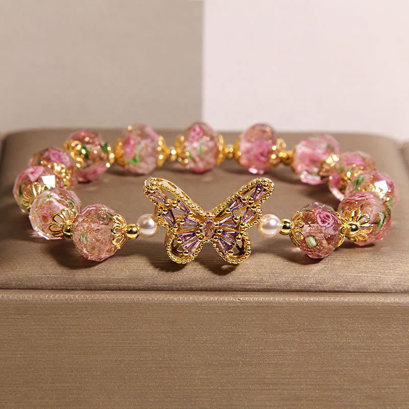Natural Rose Quartz Butterfly & Rose Design Bracelet