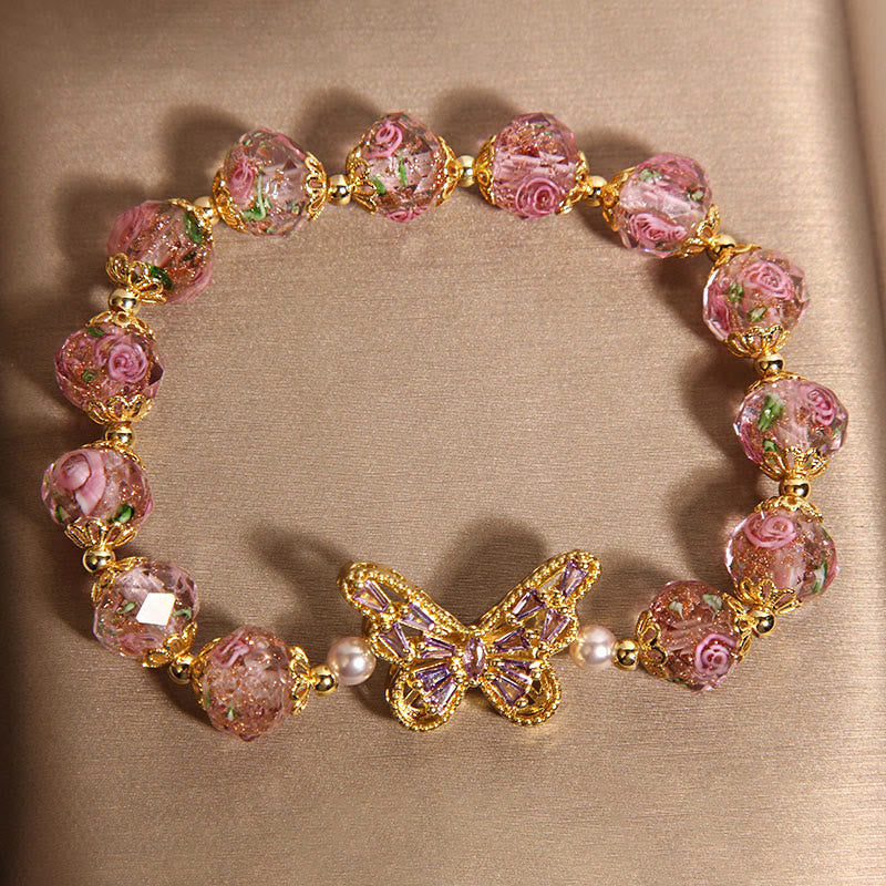 Natural Rose Quartz Butterfly & Rose Design Bracelet