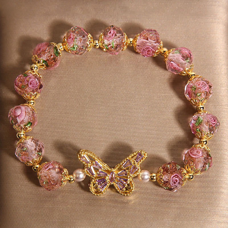 Natural Rose Quartz Butterfly & Rose Design Bracelet