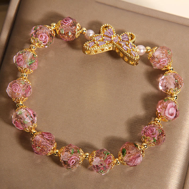 Natural Rose Quartz Butterfly & Rose Design Bracelet