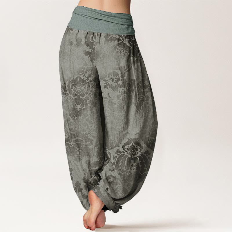 Pure Cotton Casual Flower Leaves Design Women's Elastic Waist Harem Pants