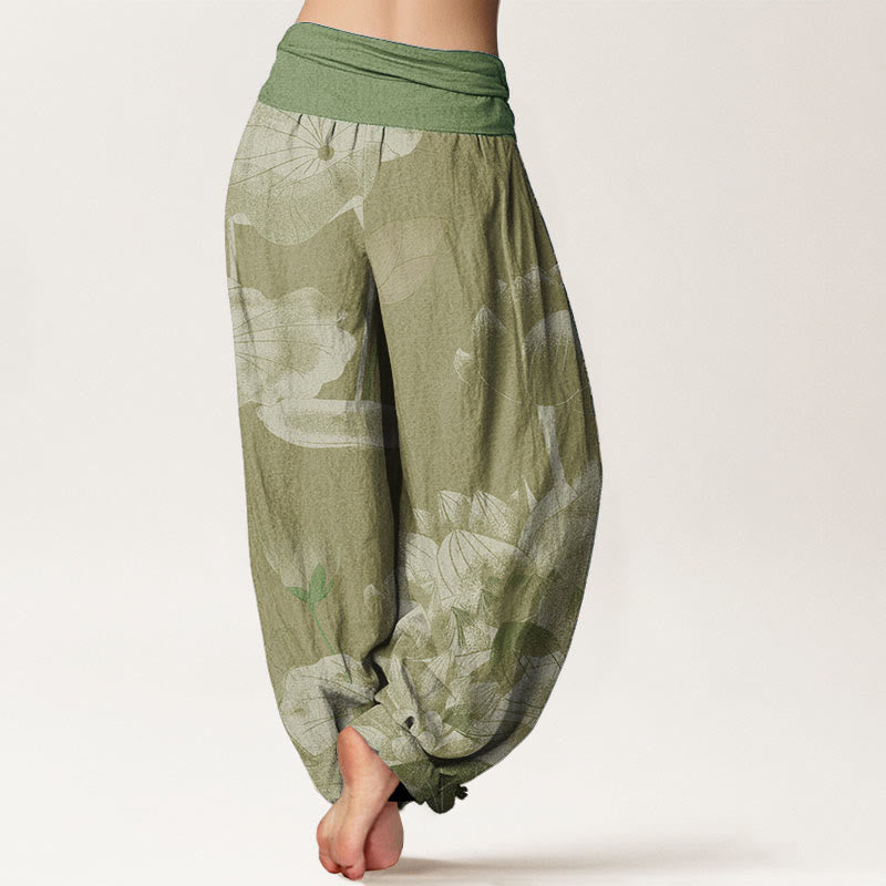 Pure Cotton Pink And White Lotus Women's Elastic Waist Harem Pants