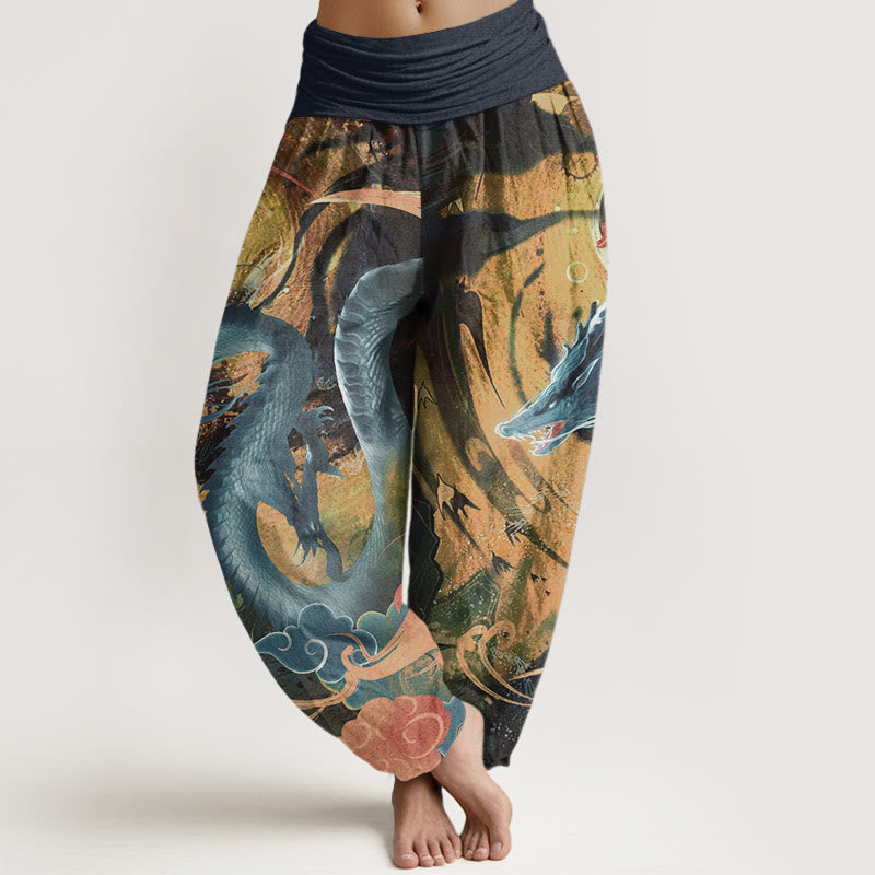 Pure Cotton Dragon Auspicious Clouds Pattern Women's Elastic Waist Harem Pants