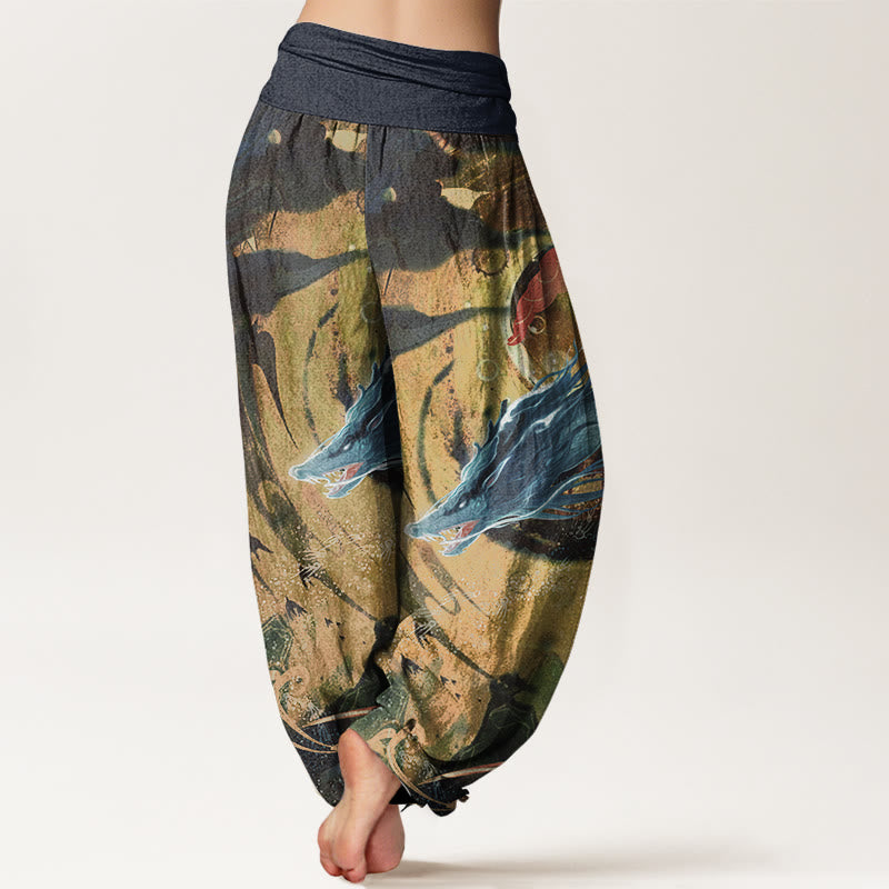 Pure Cotton Dragon Auspicious Clouds Pattern Women's Elastic Waist Harem Pants