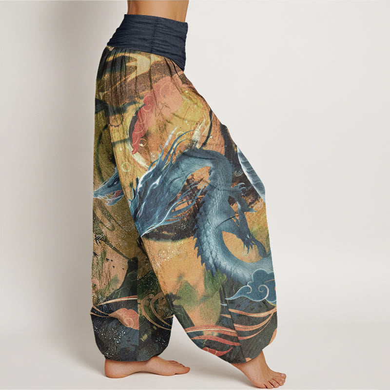 Pure Cotton Dragon Auspicious Clouds Pattern Women's Elastic Waist Harem Pants