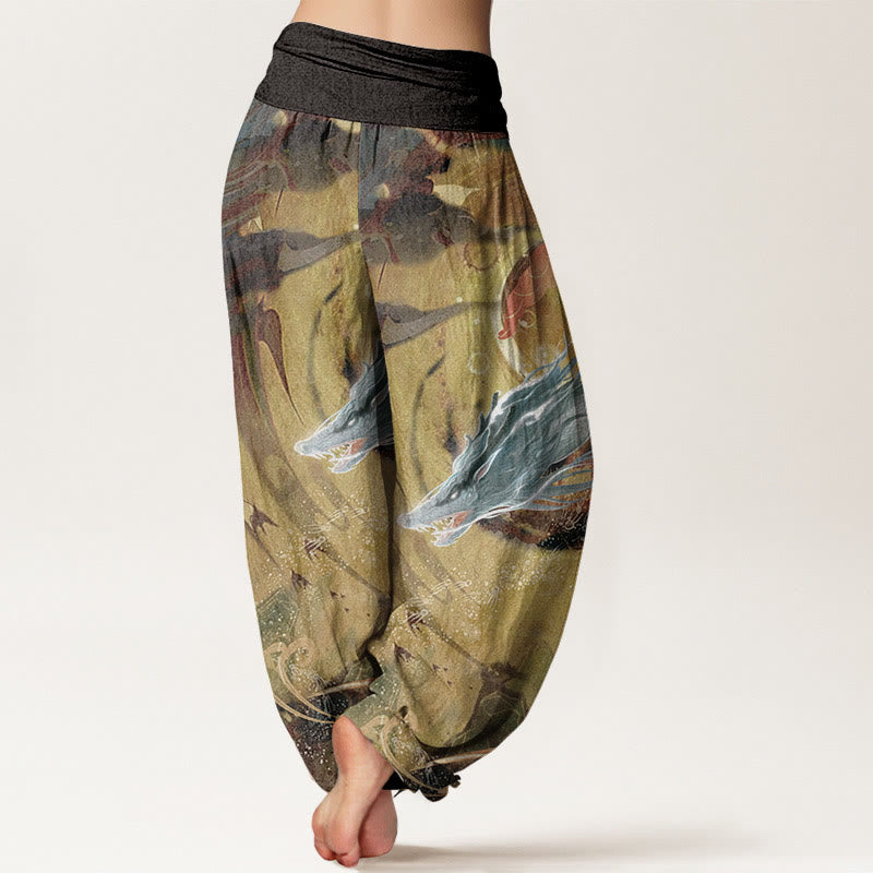 Pure Cotton Dragon Auspicious Clouds Pattern Women's Elastic Waist Harem Pants