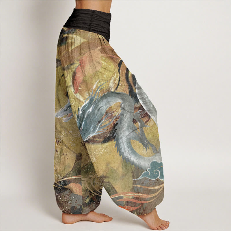 Pure Cotton Dragon Auspicious Clouds Pattern Women's Elastic Waist Harem Pants