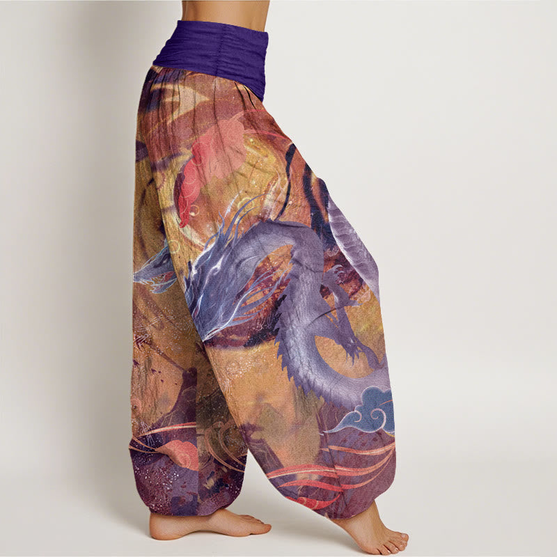 Pure Cotton Dragon Auspicious Clouds Pattern Women's Elastic Waist Harem Pants
