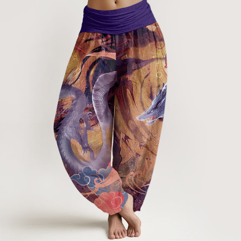 Pure Cotton Dragon Auspicious Clouds Pattern Women's Elastic Waist Harem Pants