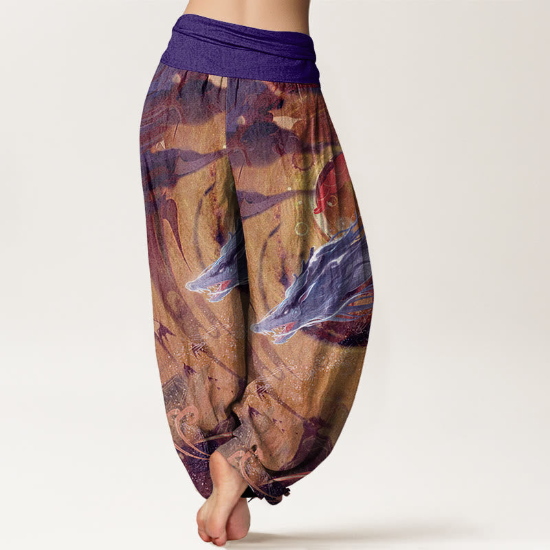 Pure Cotton Dragon Auspicious Clouds Pattern Women's Elastic Waist Harem Pants