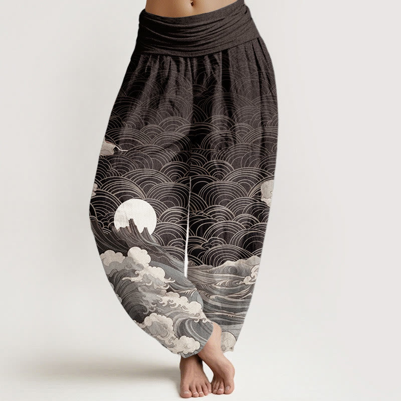 Cotton Wave Print Elastic Waist Meditation Harem Pants