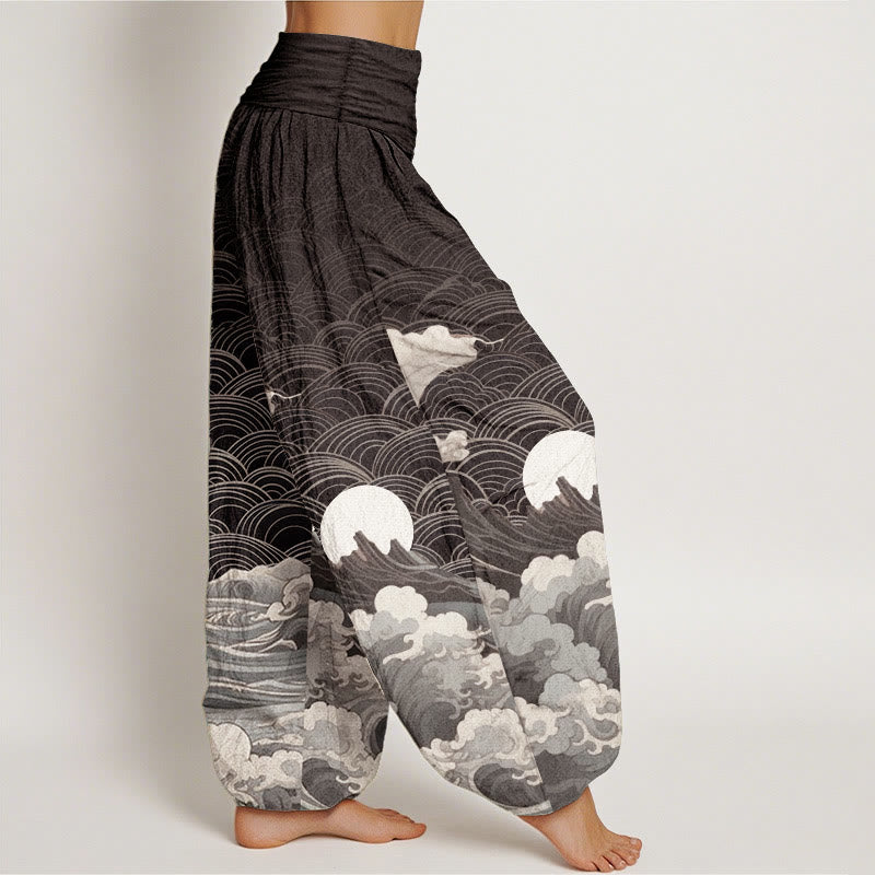 Cotton Wave Print Elastic Waist Meditation Harem Pants