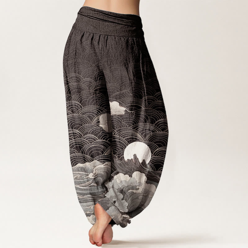Cotton Wave Print Elastic Waist Meditation Harem Pants