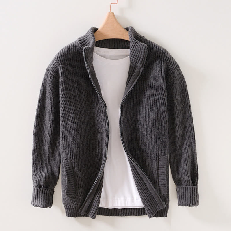 Winter Solid Color Zipper Knit Cardigan Men's Long Sleeve Cotton Jacket With Pockets