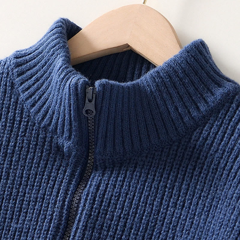 Winter Solid Color Zipper Knit Cardigan Men's Long Sleeve Cotton Jacket With Pockets