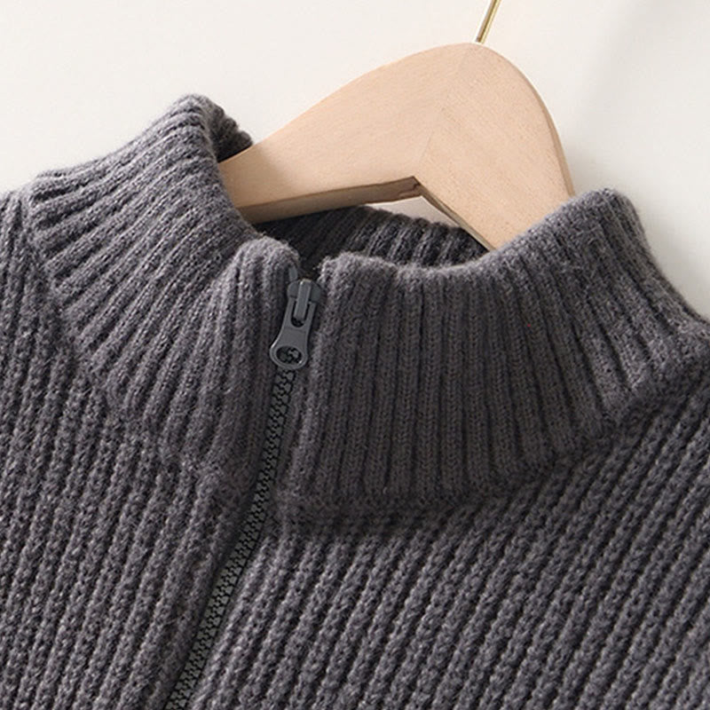 Winter Solid Color Zipper Knit Cardigan Men's Long Sleeve Cotton Jacket With Pockets