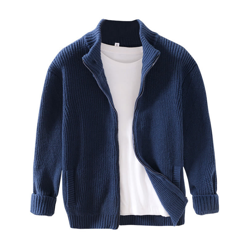 Winter Solid Color Zipper Knit Cardigan Men's Long Sleeve Cotton Jacket With Pockets