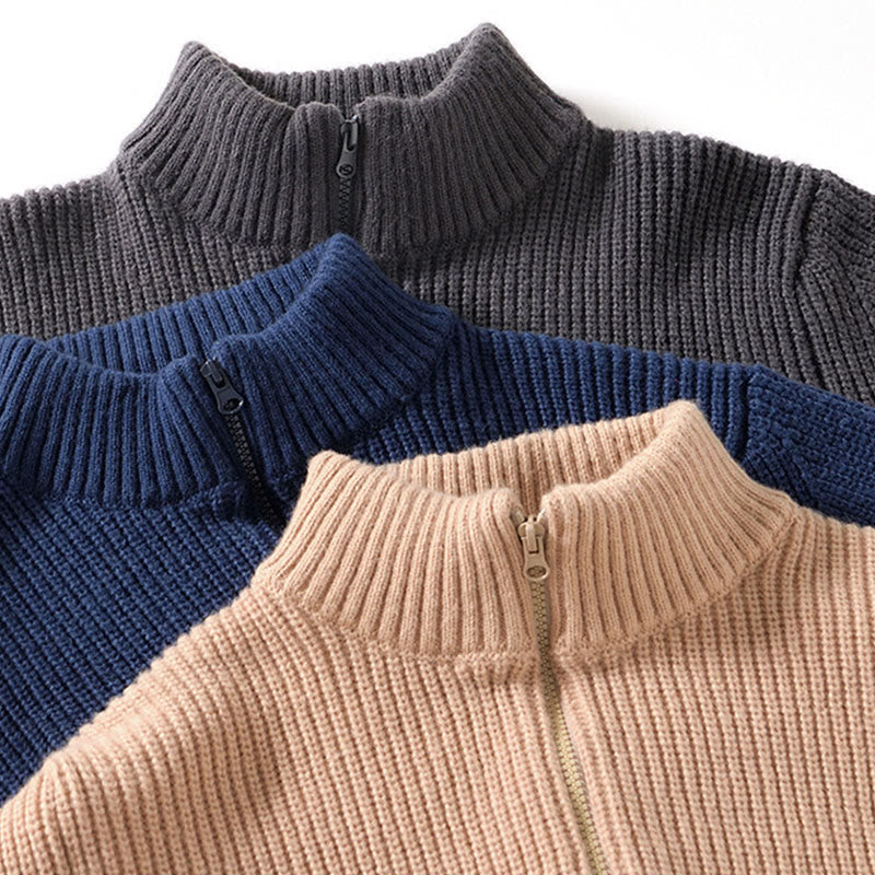 Winter Solid Color Zipper Knit Cardigan Men's Long Sleeve Cotton Jacket With Pockets