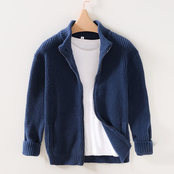 Winter Solid Color Zipper Knit Cardigan Men's Long Sleeve Cotton Jacket With Pockets