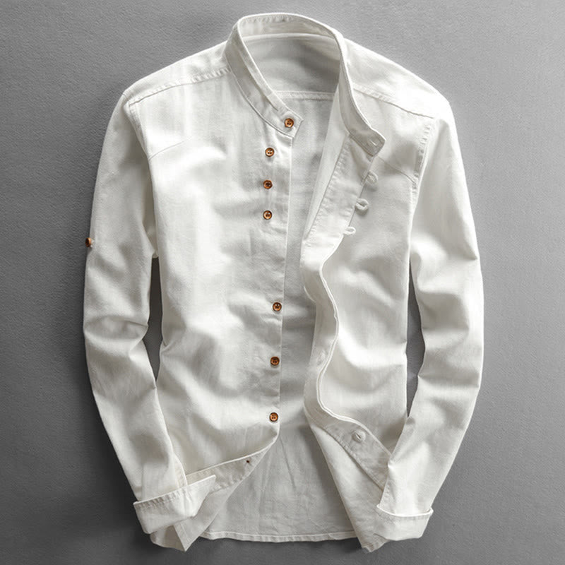Men's Slim Fit Design Stand Collar Crew Neck Long Sleeve Cotton Linen Shirt