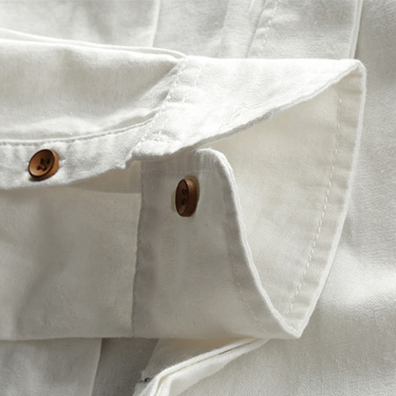 Men's Slim Fit Design Stand Collar Crew Neck Long Sleeve Cotton Linen Shirt