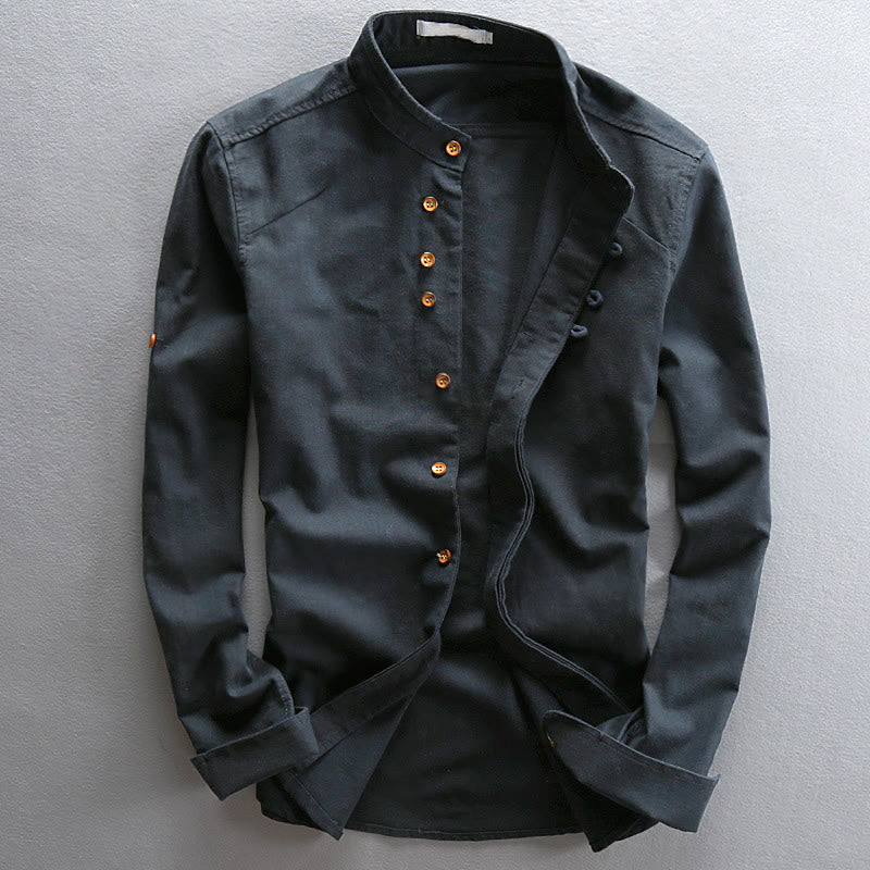 Men's Slim Fit Design Stand Collar Crew Neck Long Sleeve Cotton Linen Shirt