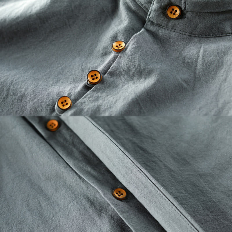 Men's Slim Fit Design Stand Collar Crew Neck Long Sleeve Cotton Linen Shirt