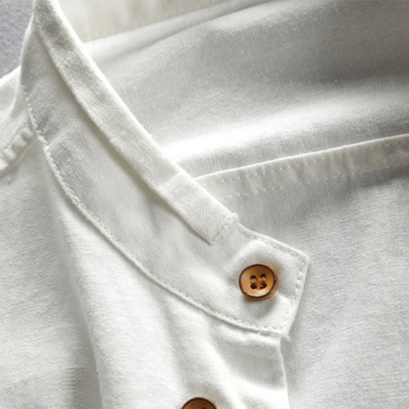 Men's Slim Fit Design Stand Collar Crew Neck Long Sleeve Cotton Linen Shirt